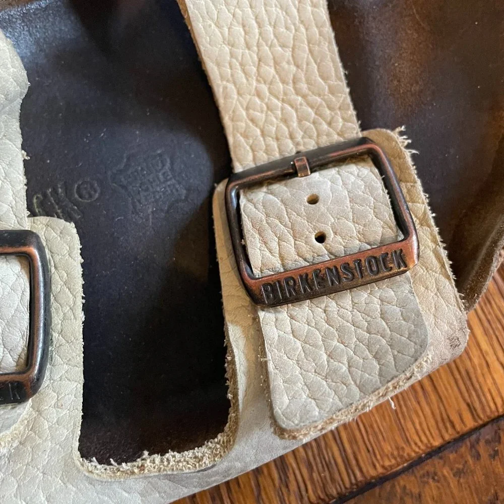 Mens Birkenstock Arizona Cream Pebbled Leather Sandals 45 12 Germany 2 Strap